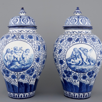 A massive pair of Brussels faience vases, dated 1861 and signed
